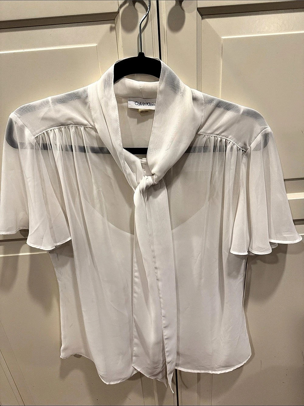 Calvin Klein Mixed Media Tie Neck Short Sleeve Blouse Short Sleeve Blouse in